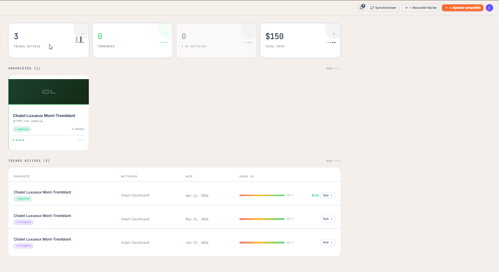 CleanForge Airbnb cleaning automation dashboard showing job status, AI photo review results, and cleaner scheduling